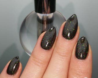 Dark Tidings - custom handcrafted black green glitter holographic nail polish
