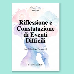 Può includere: Una copertina di libro intitolata Riflessione e Constatazione di Eventi Difficili di Roniel Ferreira Dutra. La copertina presenta la silhouette ad acquerello di una testa umana di profilo con una mano che tocca il mento, circondata da nuvole pastello.