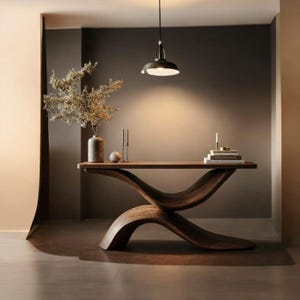 Consolle scultorea in legno – Mobile minimalista fatto a mano con base ondulata per ingresso e corridoio