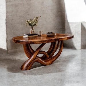 Solid Wood Sculptural Coffee Table – Organic Tree Root Base, Handmade Natural Furniture