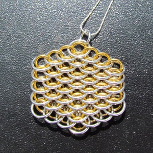 Chain Maille Pendant, Dragonscale Pendant, Gold Colored and Bright Aluminum Jump Ring Jewelry image 5