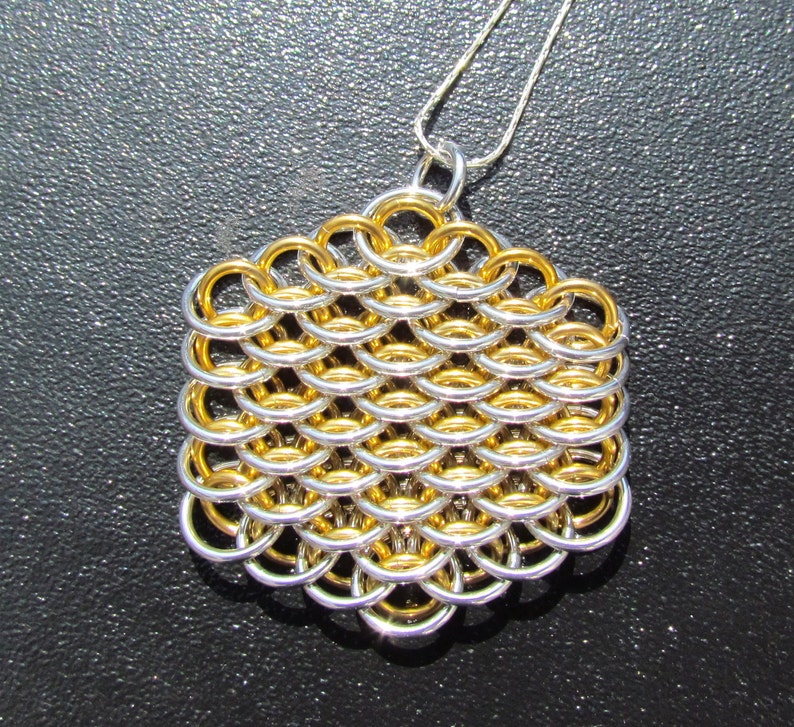 Chain Maille Pendant, Dragonscale Pendant, Gold Colored and Bright Aluminum Jump Ring Jewelry image 5