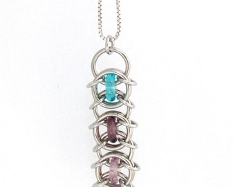 Chain Maille Pendant, Glass Pendant, Multicolor Pendant, Turquoise Purple Glass Jewelry