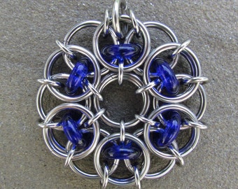 Blue Pendant, Glass Pendant, Chain Maille Pendant, Cobalt Blue Glass Jewelry