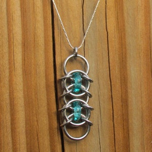Blue Pendant, Turquoise Glass Pendant, Chain Maille Glass and Stainless Steel, Jump Ring Jewelry image 4