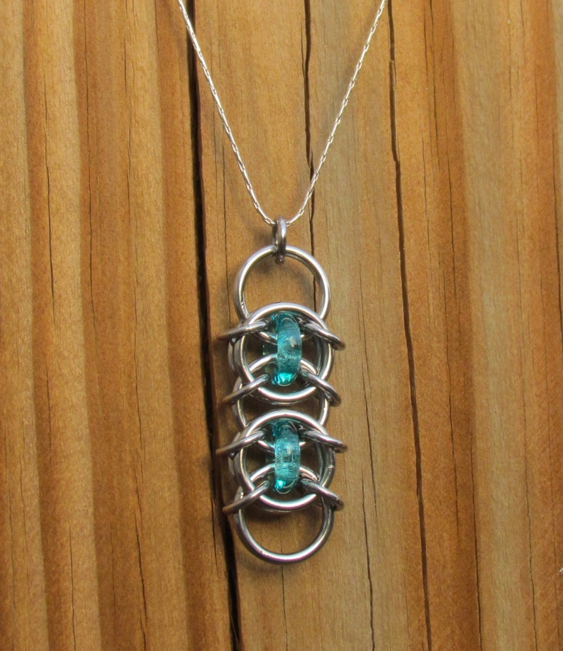 Blue Pendant, Turquoise Glass Pendant, Chain Maille Glass and Stainless Steel, Jump Ring Jewelry image 4