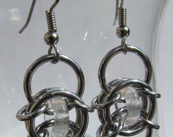 Chain Maille Earrings, Clear Glass Earrings, Stainless Steel Jump Ring Jewelry, Glass Jewelry