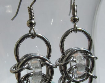 Chain Maille Earrings, Clear Glass Earrings, Stainless Steel Jump Ring Jewelry, Glass Jewelry