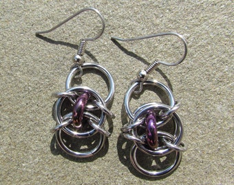 Chain Maille Earrings, Purple Earring, Glass Jewelry, Iris Purple Glass Earrings