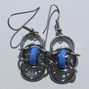 Chain Maille Earrings, Glass Jewelry, Blue Earrings, Handmade Earrings, Blue Glass Earrings image 2