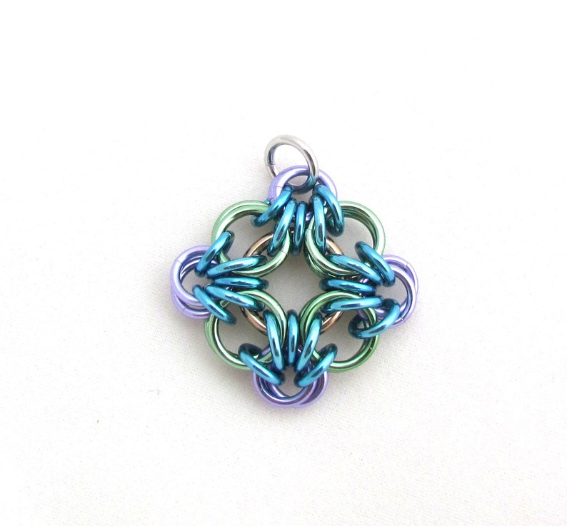 Multicolor Chain Maille Pendant, Jump Ring Jewelry, Diamond Shaped Pendant, Multi Color Pastel Jewelry image 3
