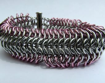 Cuff Bracelet, Chain Maille Bracelet, Light Pink Bracelet, Chain Bracelet, PInk Jewelry, Jump Ring Jewelry