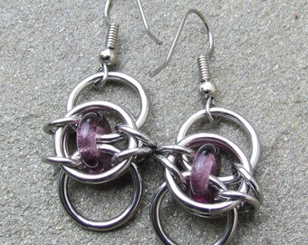 Purple Earrings, Chain Maille Earrings, Stainless Steel and Purple Glass Earrings, Dangle Earrings