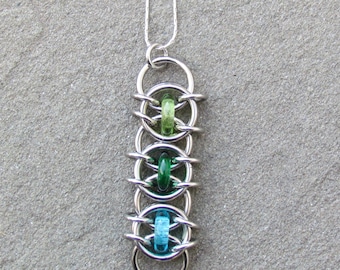 Chain Maille Pendant, Glass Pendant, Multicolor Jewelry, Green Blue Glass Jewelry