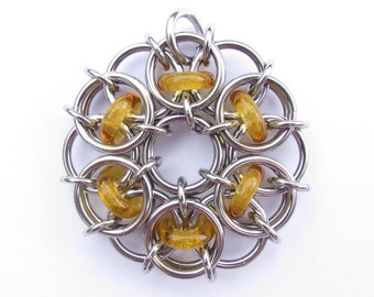 Chain Maille Pendant, Glass Pendant, Yellow Pendant, Honey Yellow Glass Jewelry