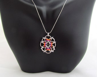 Orange and Pink Pendant, Chain Maille Jewelry, Multicolor Pendant, Ring Necklace