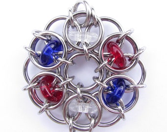 Chain Maille Pendant, Multicolor Pendant, Patriotic Pendant, Glass Pendant, American Jewelry