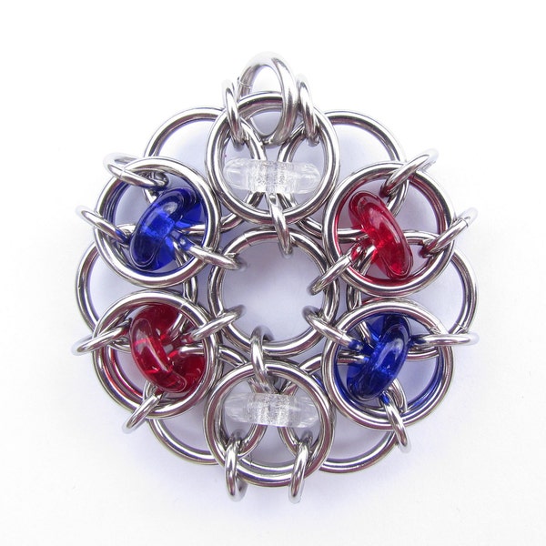 Chain Maille Pendant, Multicolor Pendant, Patriotic Pendant, Glass Pendant, American Jewelry