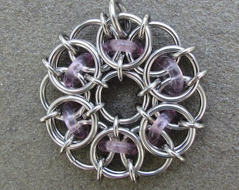 Purple Pendant, Chain Maille Pendant, Glass Pendant, Light Amethyst Purple Glass Jewelry