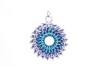 Pastel Sunburst Pendant, Chain Maille Jewelry, Multicolor Aluminum Jump Ring Jewelry