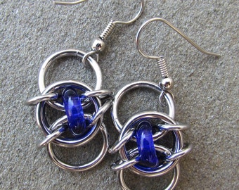 Chain Maille Earrings, Blue Earrings, Cobalt Blue Glass Earrings, Glass Jewelry, Jump Ring Jewelry