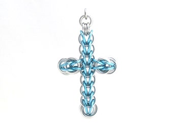 Blue Cross Pendant, Chain Maille Cross, Chain Maille Jewelry