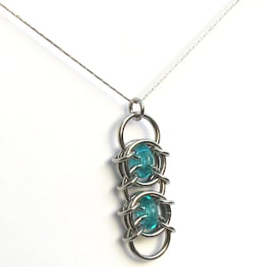 Blue Pendant, Turquoise Glass Pendant, Chain Maille Glass and Stainless Steel, Jump Ring Jewelry image 1