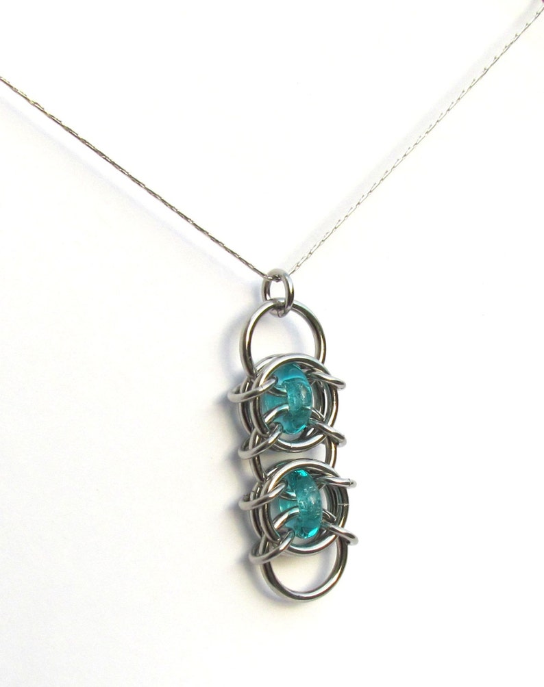 Blue Pendant, Turquoise Glass Pendant, Chain Maille Glass and Stainless Steel, Jump Ring Jewelry image 1