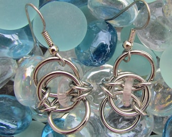 Chain Maille Earrings, Glass Earrings, Pink Earrings, Glass Jewelry, Jump Ring Jewelry