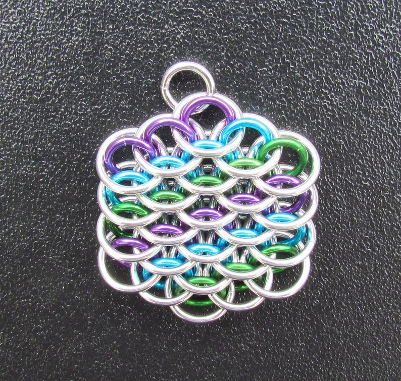 Multicolor Pendant, Chain Mail Pendant, Purple Turquoise Green, Mini Dragonscale Pendant, Jump Ring Pendant image 3