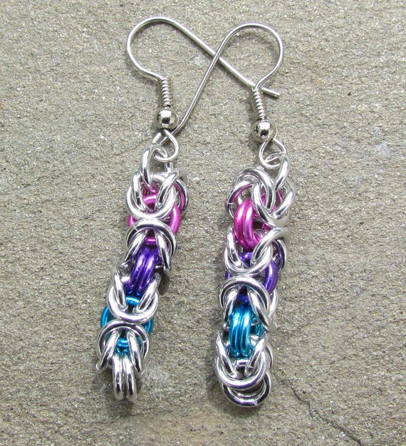 Chain Maille Earrings, Byzantine Earrings, Pink Purple Blue, Multicolor Earrings, Jump Ring Jewelry