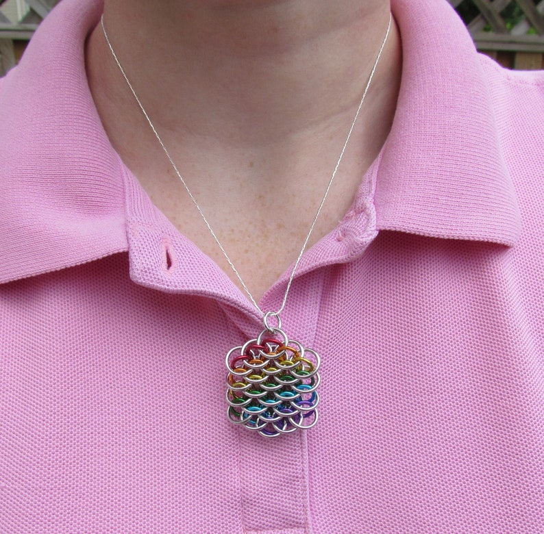 Chain Mail Pendant, Rainbow Jewelry, Mini Dragonscale Pendant, Multicolor Pendant, Jump Ring Jewelry image 5