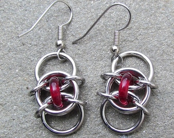 Ruby Red Earrings, Glass Earrings, Chain Maille Earrings, Red Glass Jewelry