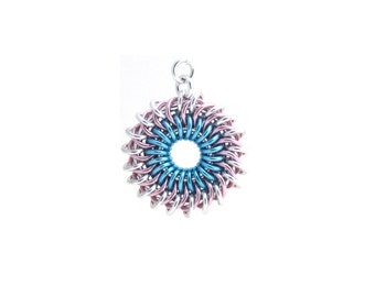 Sunburst Pendant, Chain Maille Pendant, Pastel Jewelry, Multicolor Jump Ring Jewelry, Pink and Blue Aluminum