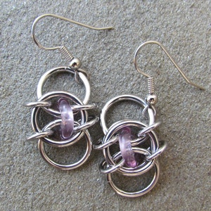 Chain Maille Earrings, Purple Earrings, Light Amethyst Glass Earrings, Purple Glass Jewelry image 1