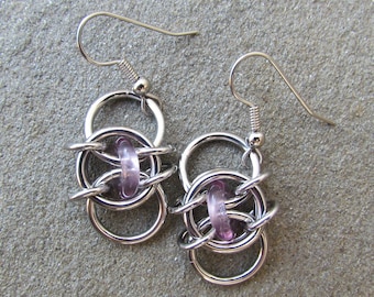 Chain Maille Earrings, Purple Earrings, Light Amethyst Glass Earrings, Purple Glass Jewelry