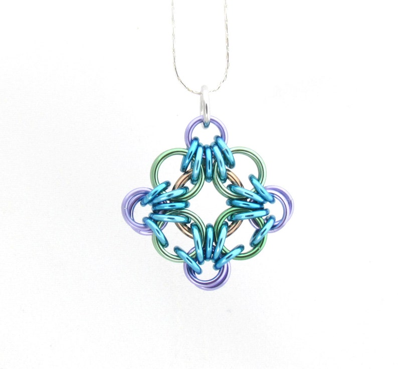 Multicolor Chain Maille Pendant, Jump Ring Jewelry, Diamond Shaped Pendant, Multi Color Pastel Jewelry image 1
