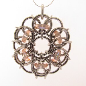 Chain Maille Pendant, Glass Pendant, Pink Pendant, Rose Glass Jewelry, Pink Jewelry