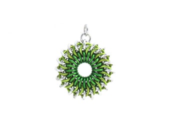 Green Sunburst Pendant, Chain Maille Pendant, Aluminum Jump Ring Jewelry