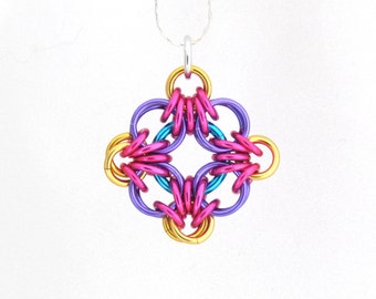 Chain Maille Pendant, Jump Ring Jewelry, Multicolor Pendant, Diamond Shaped