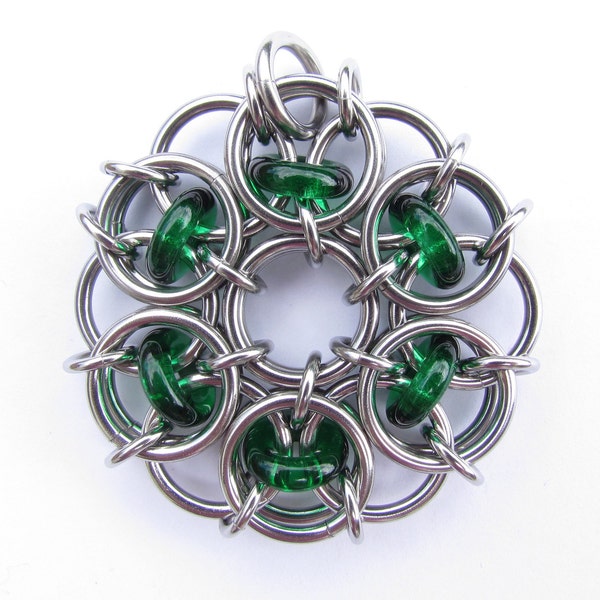 Green Chain Maille Pendant, Glass Pendant, Emerald Green Pendant, Glass Jewelry