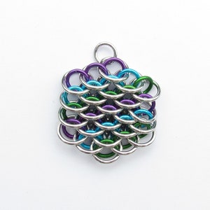 Multicolor Pendant, Chain Mail Pendant, Purple Turquoise Green, Mini Dragonscale Pendant, Jump Ring Pendant image 1