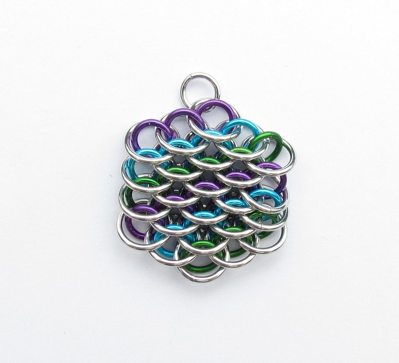 Multicolor Pendant, Chain Mail Pendant, Purple Turquoise Green, Mini Dragonscale Pendant, Jump Ring Pendant image 1