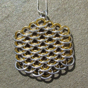 Chain Maille Pendant, Dragonscale Pendant, Gold Colored and Bright Aluminum Jump Ring Jewelry image 1