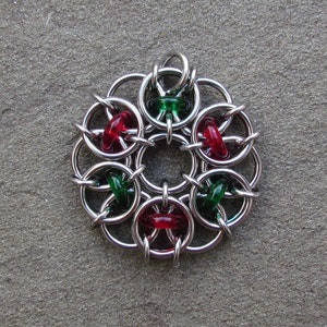 Glass Pendant, Christmas Ornament, Chain Maille Pendant, Glass Ornament, Red And Green image 3