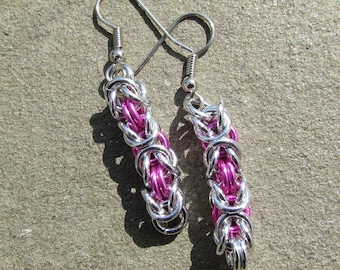 Chain Maille Earrings, Pink Earrings, Handmade Jewelry, Byzantine Earrings