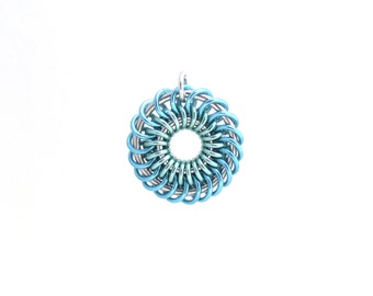 Pastel Pendant, Multicolor Chain Maille Jewelry, Jump Rings, Spiral Pendant, Blue and Green