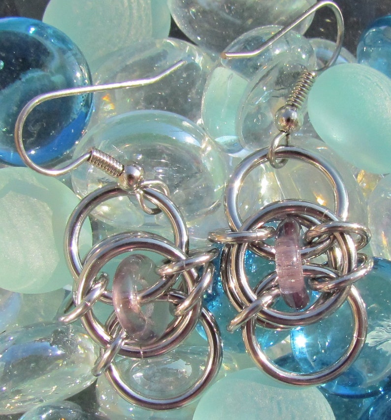 Chain Maille Earrings, Purple Earrings, Light Amethyst Glass Earrings, Purple Glass Jewelry image 3