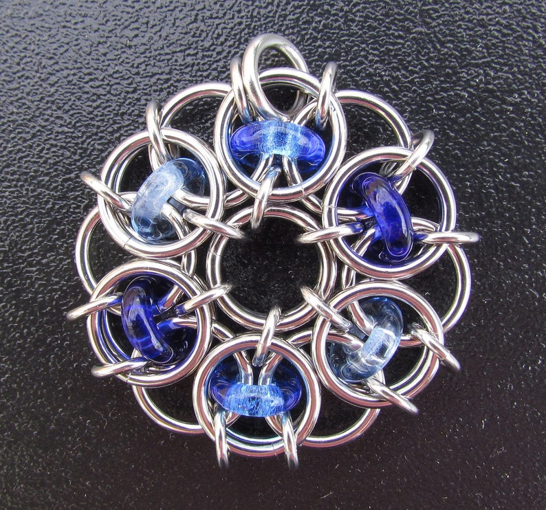Blue Pendant, Glass Pendant, Chain Maille Pendant, Shades of Blue Glass Jewelry image 2
