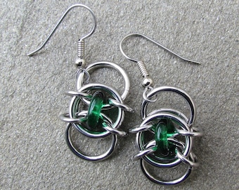 Green Earrings, Chain Maille Earrings, Glass Earrings, Emerald Green Glass Jewelry